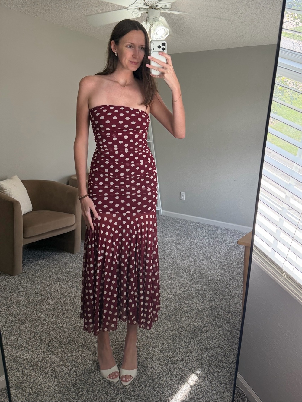Strapless Burgundy Polka Dot Midi Dress